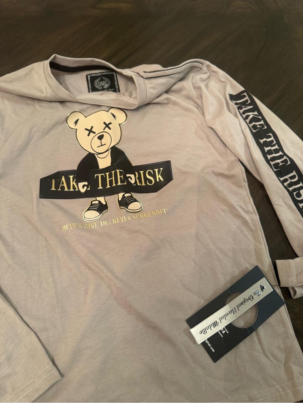 Othr Taupe Long Sleeve Bear Graphic Tee with Gold & Black Print